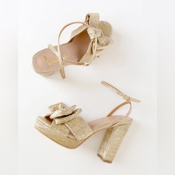 Lulus Gold Metallic Bow Platform Ankle Strap Heels Size 6.5 - Picture 2 of 10